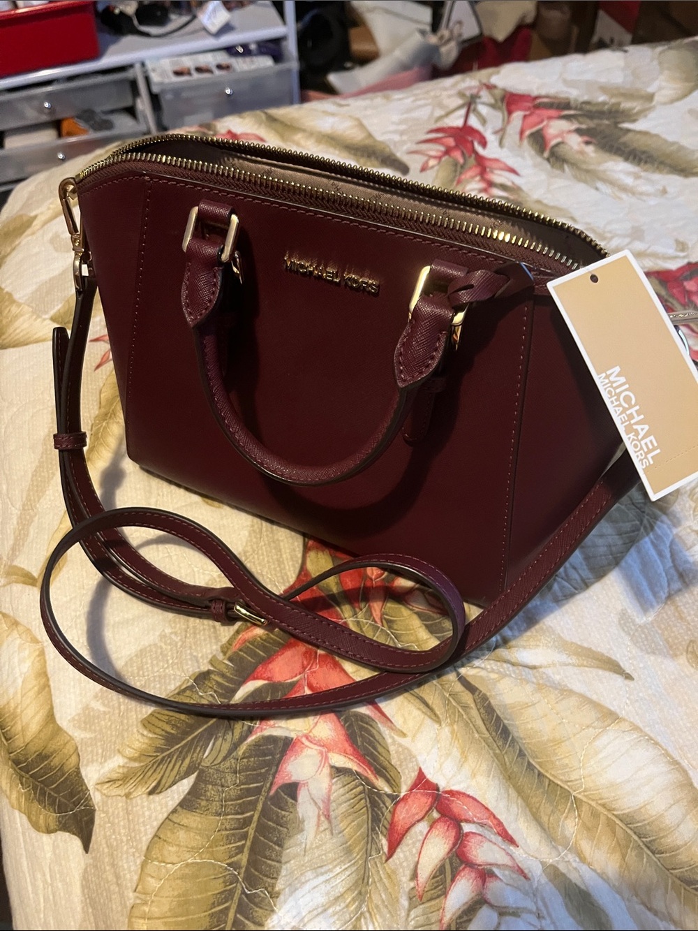 Michael Kors Burgundy Leather Crossbody Satchel with Gold Hardware